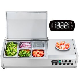 Refrigerated Condiment Prep Station, 130 W Countertop Refrigerated Condiment Station, with 1 1/3 Pan & 4 1/6 Pans, 304 Stainless Body and PC Lid